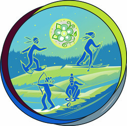 Image is the 50th Frontier Games Logo which shows a round circle in shades of blues and greens that shows line drawings of 4 outdoor sports: snowshoeing, skiing, archery and trap setting