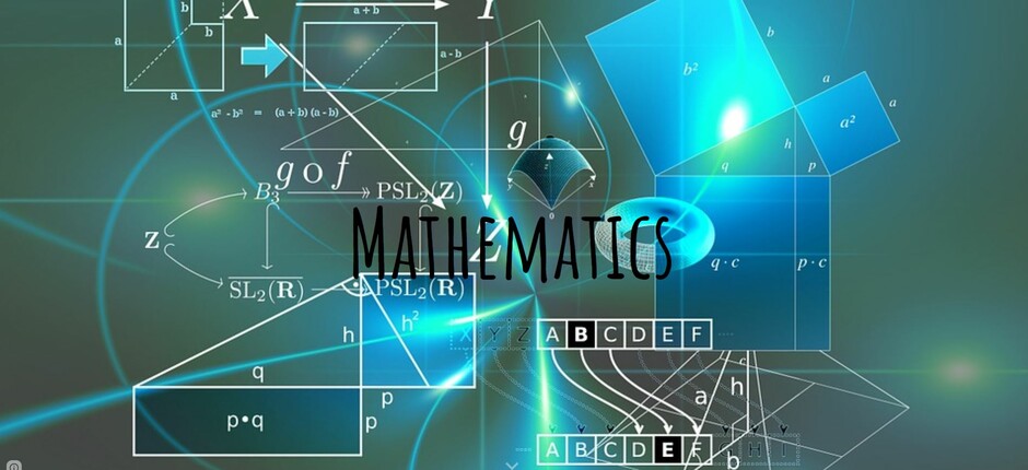 image of the FSD Math Site landing page - includes the text Mathematics on a colourful abstract background with Math symbols etc.