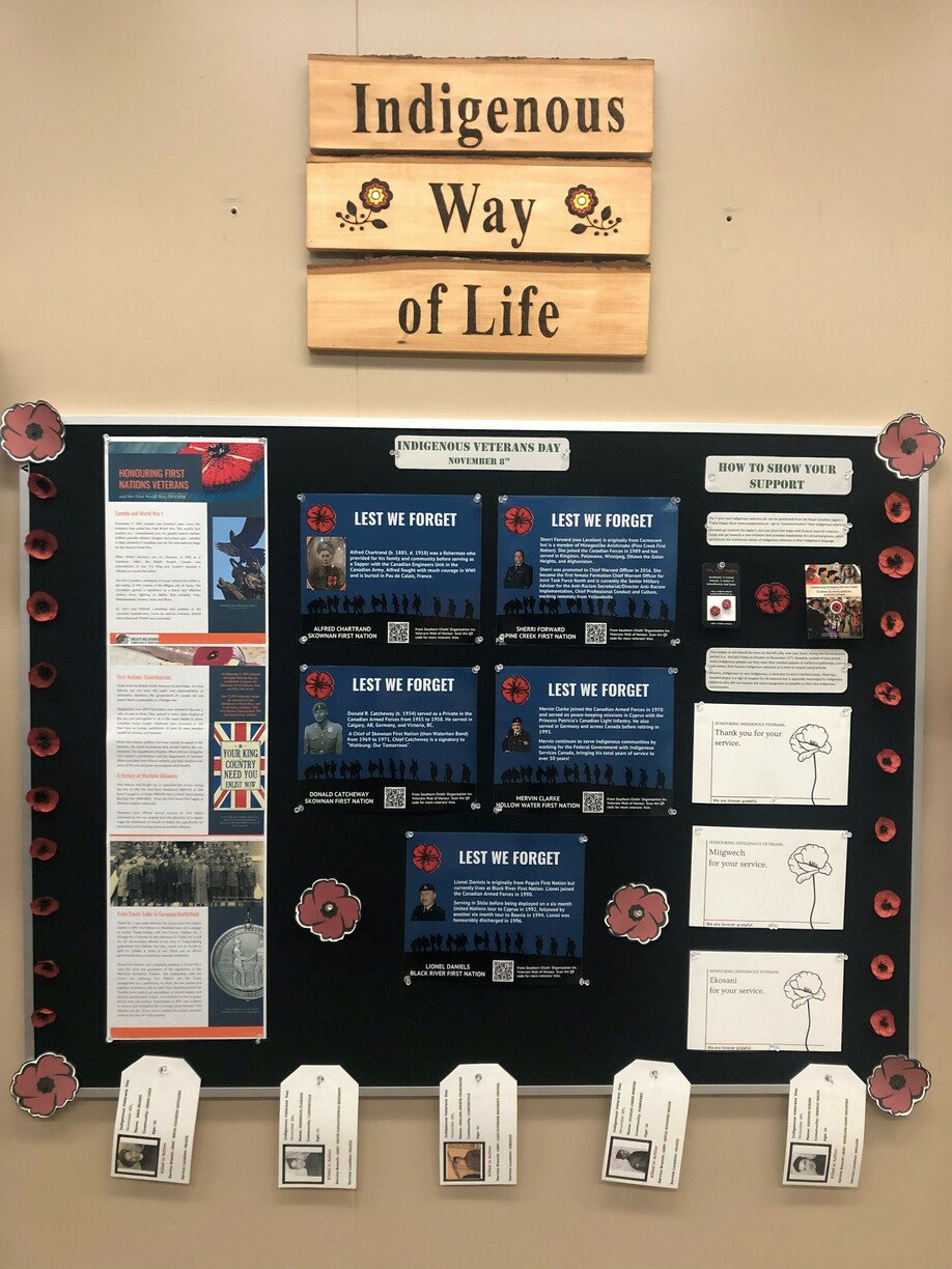 image shows a bulletin board decorated in various information sheets regarding Indigenous Veterans, a 3-piece wooden sign hangs above the board which reads 'Indigenous Way of Life'