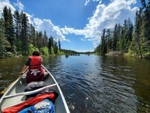 Photo shows a paddler sitting in the front of a canoe, paddling on the waters in Stevenson Island, MB. You can see the tree line on both sides.