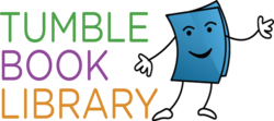 Text reads: Tumble Book Library and depicts the blue TumbleBooks mascot